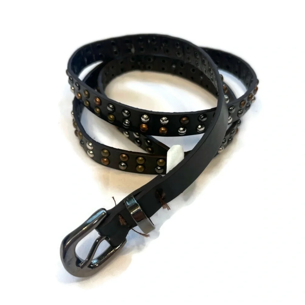 Multi-tone Studded Brown Thin Leather Belt Silvertone Hardwear Size Small Indie